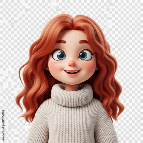 A cheerful cartoon girl with red hair and a beige sweater on a transparent background