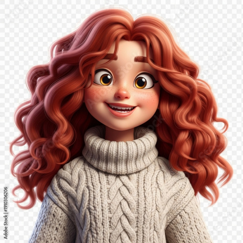 A cheerful cartoon girl with long red hair and a beige sweater smiles warmly in a vector graphic illustration.