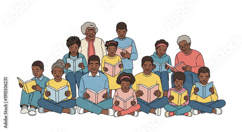 Diverse Black Children and Adults Reading Books Together Flat Vector Illustration
