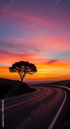 Wallpaper Mural Lonely Tree on Winding Road at Sunset. Torontodigital.ca