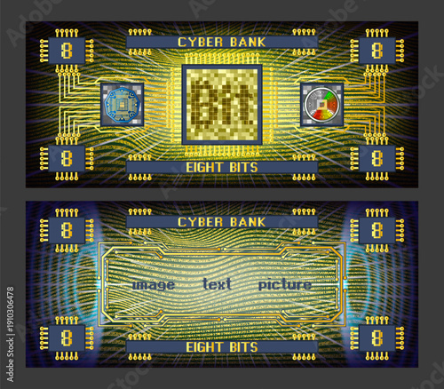 Vector obverse and reverse of futuristic abstract electronic banknote. Digital money. Cyber bank, denomination 8 bits. Bright glowing radiant screen. Graphic computer chip, pixels. Sample bit