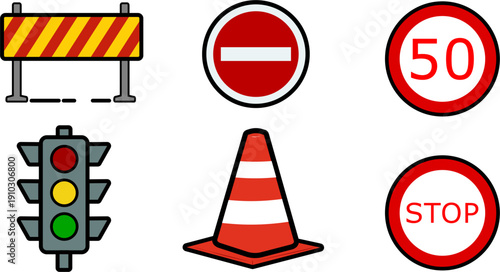 Red Top Traffic Light and Orange Safety Cone Isolated on a White Background Near a Road Construction Warning Sign and Barrier Symbol