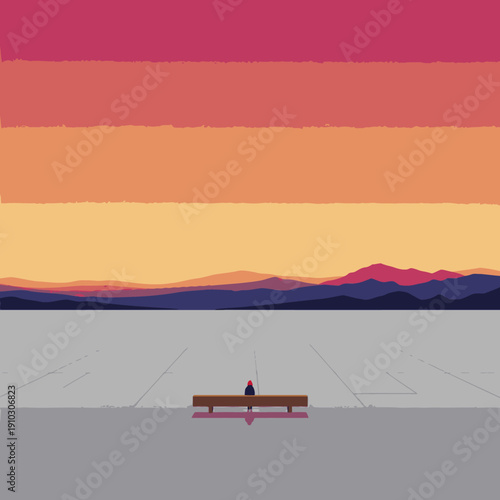 A solitary person sits on a bench, contemplating the serene, expansive landscape under a breathtaking, colorful sunset sky with distant mountains, evoking peace.