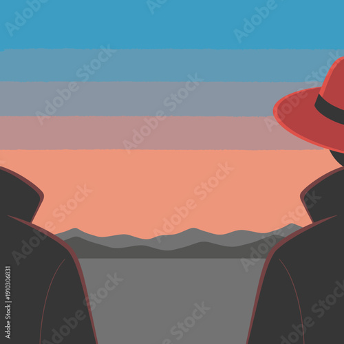 Two mysterious figures in trench coats and a red hat gaze at a serene sunset over distant mountains, evoking a sense of intrigue and contemplation.