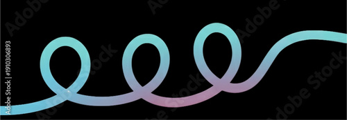 Abstract vector illustration of a glowing teal and purple gradient spiral line on a black background. Minimalist neon wavy loop and continuous swirl for modern graphic design elements.