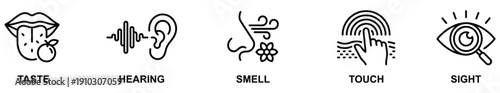 Five human senses icon set line art for educational anatomy design
