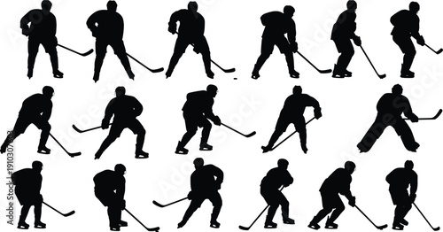 Ice hockey player silhouettes, dynamic poses, skating action, sports vector, stick handling, athlete movement, team training, competitive game illustration