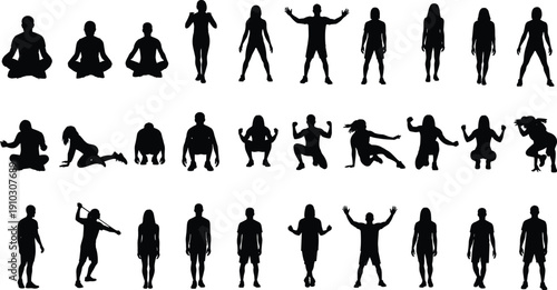Human silhouette vector, body posture illustration, people figure graphic, standing pose artwork, sitting icon design, dancing clipart, squatting figure symbol, gesture artwork