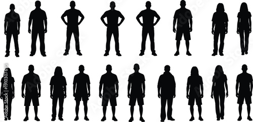 Human silhouette vector, diverse people icon set, standing figure illustration, clothing style graphic, posture design element, anonymous person silhouette collection