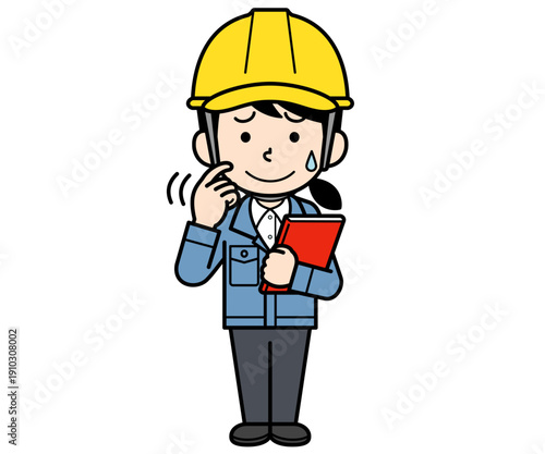 ファイルを持って動揺するヘルメットをかぶった現場監督の女性