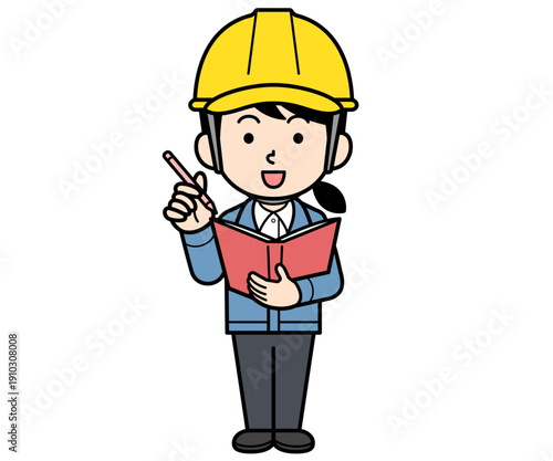 ファイルにメモするヘルメットをかぶった現場監督の女性