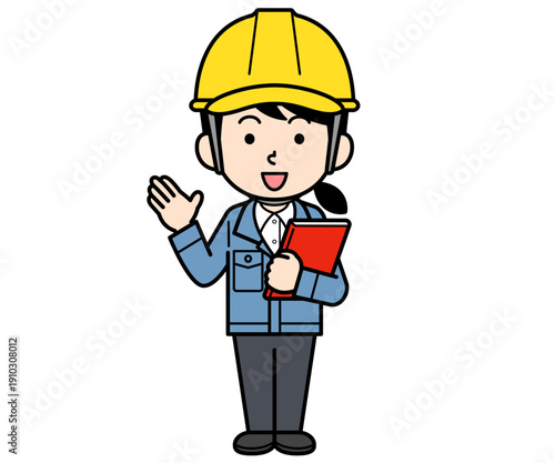 ファイルを持って案内するヘルメットをかぶった現場監督の女性