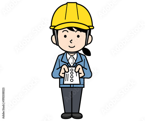 名刺を差し出すヘルメットをかぶった現場監督の女性