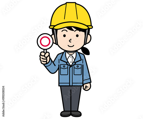 マル札を持つヘルメットをかぶった現場監督の女性