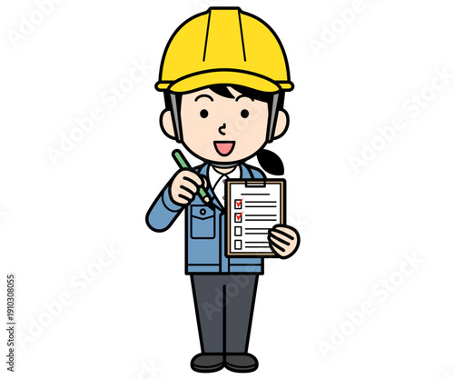 チェックリストに記入するヘルメットをかぶった現場監督の女性