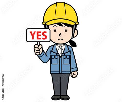 YESの札を持つヘルメットをかぶった現場監督の女性