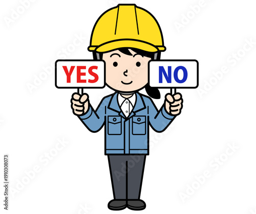 YESとNOの札を持つヘルメットをかぶった現場監督の女性
