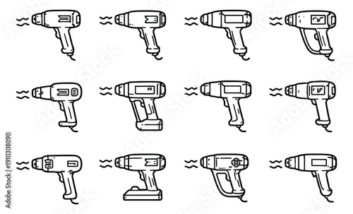 Hand drawn line art heat gun set featuring various models emitting heat waves for construction and industrial work