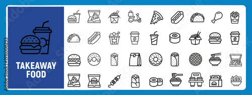 Takeaway Food & Fast Food Outline Icon Set