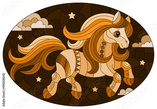 Illustration in the style of a stained glass window with a cute horse on background of night sky with stars and clouds