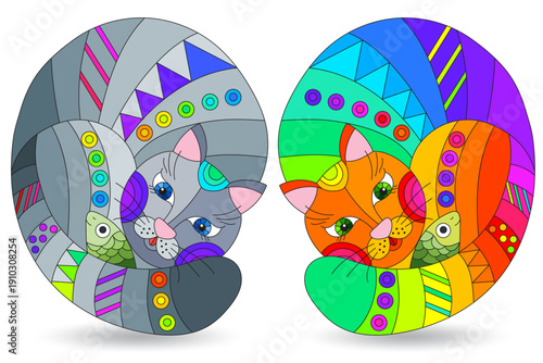 Set of illustrations in the style of stained glass with an abstract cat and fish , animals on a white background
