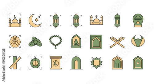 Ramadan Kareem Flat Line Icon Set with Islamic Elements such as Mosque, Lantern, Crescent Moon, Dates, and Prayer Beads for Eid Al-Fitr Greeting and Decorative Design