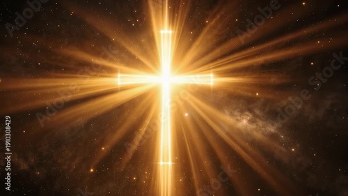 Radiant golden cross glowing with divine light in dark space background symbolizing Easter hope and resurrection