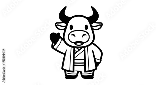 Cartoon Cow Character Wearing Kimono Outfit.