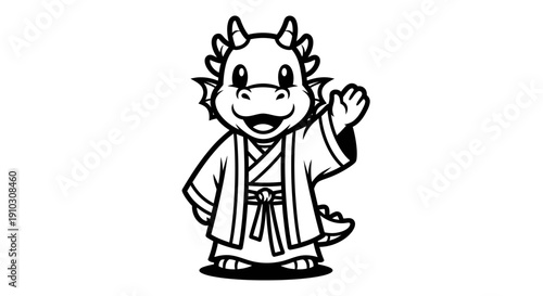 Cartoon Dragon Wearing Kimono Illustration.