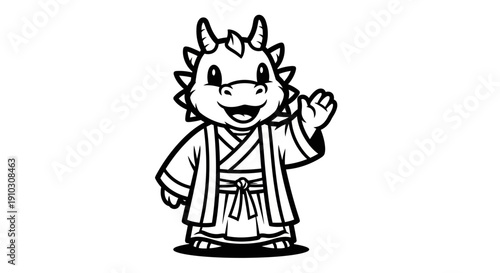 Cartoon Dinosaur Wearing Traditional Japanese Kimono.