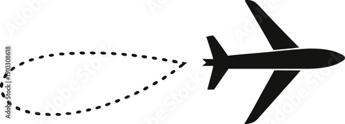 Flying with a dashed line from the starting point and along the path silhouette vector. Airplane dotted route line the way airplane