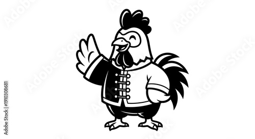 Cartoon Rooster Wearing Jacket and Waving.