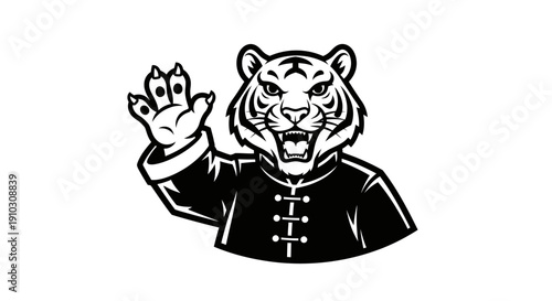 Tiger Character Illustration Waving Hand Greeting.