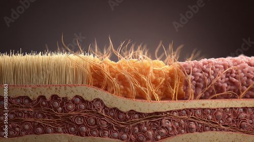 Bald man's change through hair transplant concept. Close-up view of skin layers showcasing cellular structure.