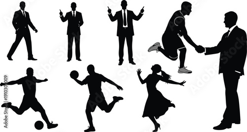 Business professionals pointing briefcase silhouette, basketball player handshake, soccer athlete kicking ball, handball player running, woman dancer pose, sports and business diversity illustration