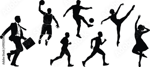 Businessman running with briefcase silhouette, basketball player jump shot, soccer athlete kicking ball, jogging person motion, ballet dancer arabesque pose, expressive dance movement illustration