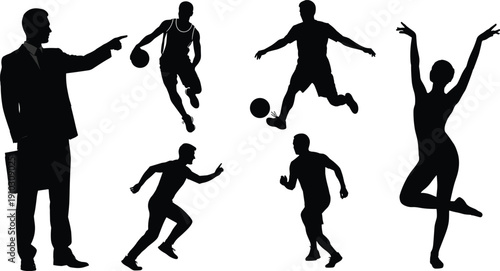 Businessman pointing with briefcase silhouette, basketball player dunk shot, soccer athlete kicking ball, sprinter running motion, athlete sprint pose, ballet dancer graceful movement illustration