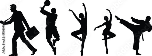 Businessman walking with briefcase silhouette, baseball player swinging bat, basketball player jump shot, ballet dancer elegant pose, martial artist high kick