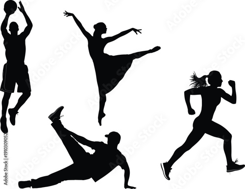 Basketball player dunk silhouette, ballet dancer elegant pose, confident businessman standing, breakdancer ground move, sprinter running motion, sports and business diversity illustration