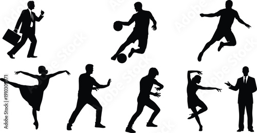 Businessman walking with briefcase silhouette, basketball player jump shot, soccer athlete mid air kick, ballet dancer elegant pose, martial artist stance, expressive dancer movement illustration