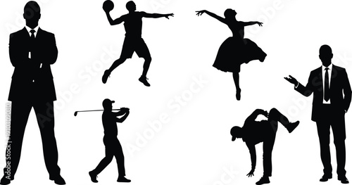 Businessman arms crossed silhouette, basketball player jump shot, ballet dancer graceful pose, golfer swinging club, breakdancer ground move, corporate professional gesture illustration