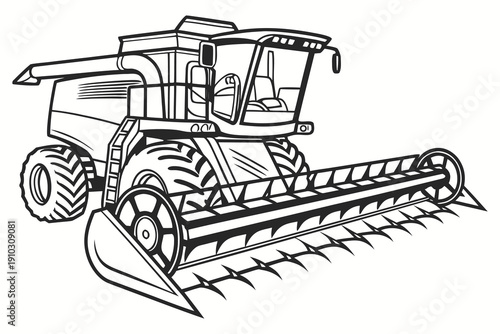 Modern Combine Harvester Agricultural Machine Line Art Vector Illustration Isolated on White.