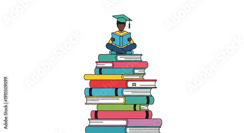 Black Student Reading on Stack of Books with Graduation Cap Flat Vector Illustration