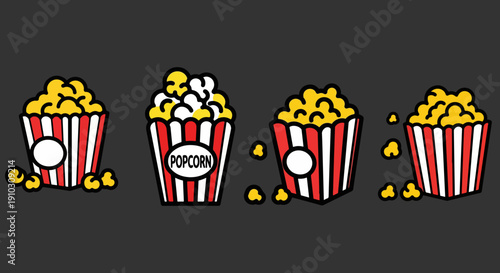 Vector popcorn buckets set with red and white stripes, cinema snack, movie night food, isolated on dark background