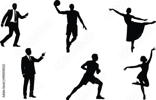 Businessman walking with briefcase silhouette, basketball player dunk action, ballerina graceful dance pose, professional speaker pointing gesture, martial artist fighting stance