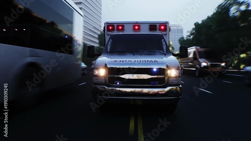 An ambulance driving fast on a city street. Realistic 4k animation.