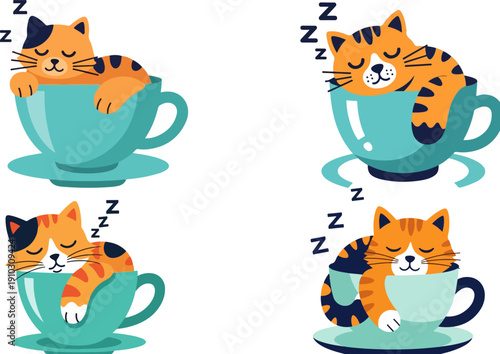 Cute orange tabby cats sleeping in turquoise teacups vector illustration set, isolated on white