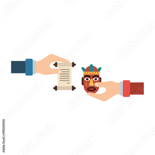 Two hands exchanging a scroll and an african tribal mask on a white background. Perfect for anthropology day, cultural studies, and educational materials