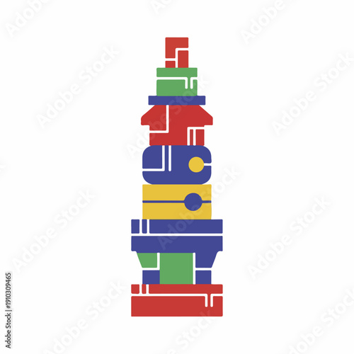 A colorful, stylized illustration of a stacked structure, representing anthropology day, with bold lines and geometric shapes in red, blue, yellow, and green hues. Perfect for educational