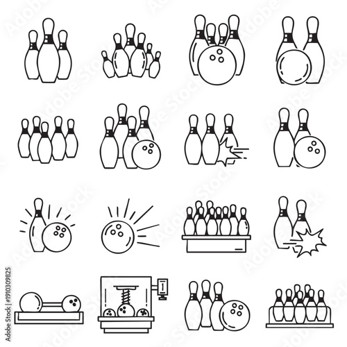 Bowling icons vector collection set of pins and bowling ball equipment